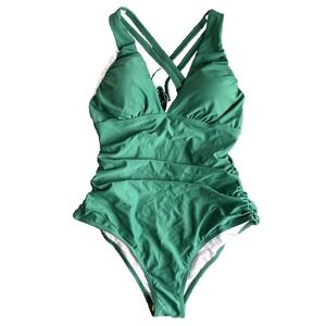 YOU DI AN Women Emerald Green Ruched One Piece Swimsuit Size M